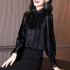Puff Sleeve Lace Spliced Stand Collar Shirt