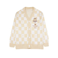 Thumbnail for Checkered With Kawaii Embroidery Cardigan - Yellow / S -