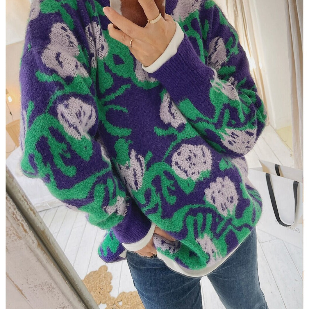 Floral Long Sleeve Oversize Sweater - Blue-Green / One Size