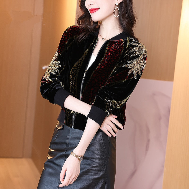 Fashion Velvet Sequins Zipper Long Sleeve Jacket - Black / M