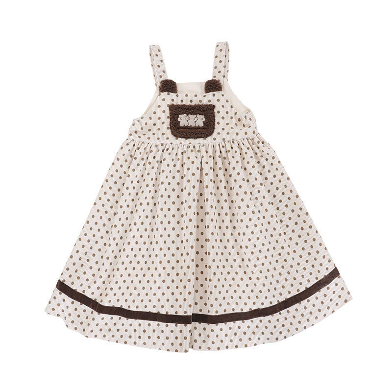 Sweet Bear Embroidery Corduroy Dress - Ligth Brown / S