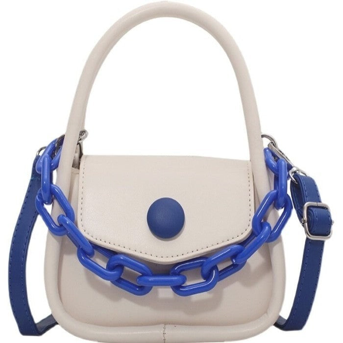 Button and Chain Contrast Color Cute Hand-bag - Beige /