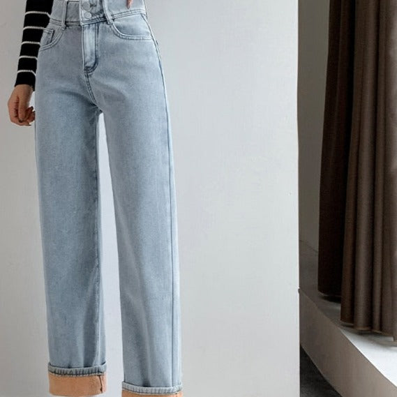Thick Velvet Jeans Fleece Fashion High Waist Pants - Light