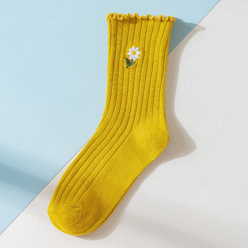 Solid Color Little Flower Socks - Yellow / One Size
