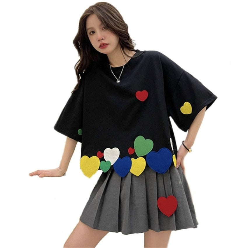 3D Colorful Hearts Round Neck Loose Crop Top T-shirt - Black