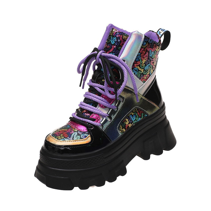 Colorful Sequined Platform Boots - Purple / 35