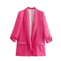 Thumbnail for Open Stitching Roll Up Three Quarter Sleeve Blazer - Pink /