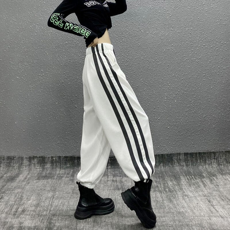 Harajuku High Waist Side Stripe Loose Harem Pants - White /