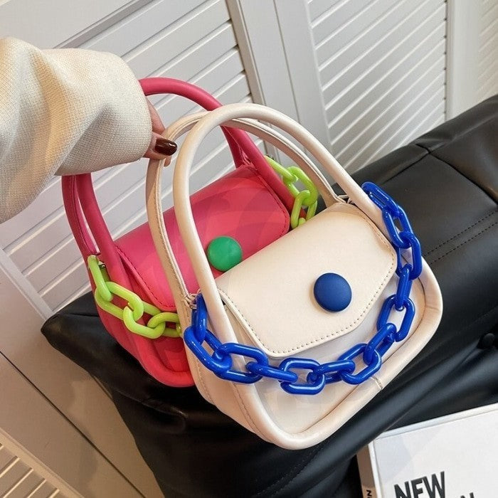 Button and Chain Contrast Color Cute Hand-bag - Shoulder Bag