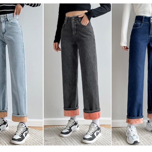 High Waist Thick Velvet Jeans - Pants