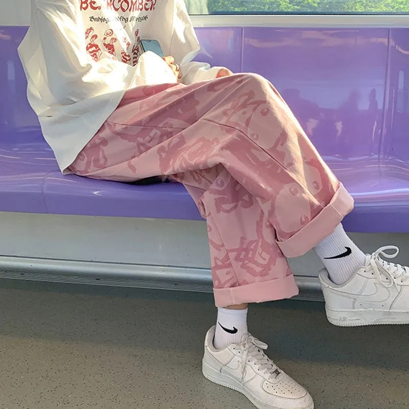 Wide Leg Korean Graffiti Denim Pant - Pink / S