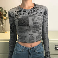 Thumbnail for Newspaper Printed Long Sleeve Top - Gray / M