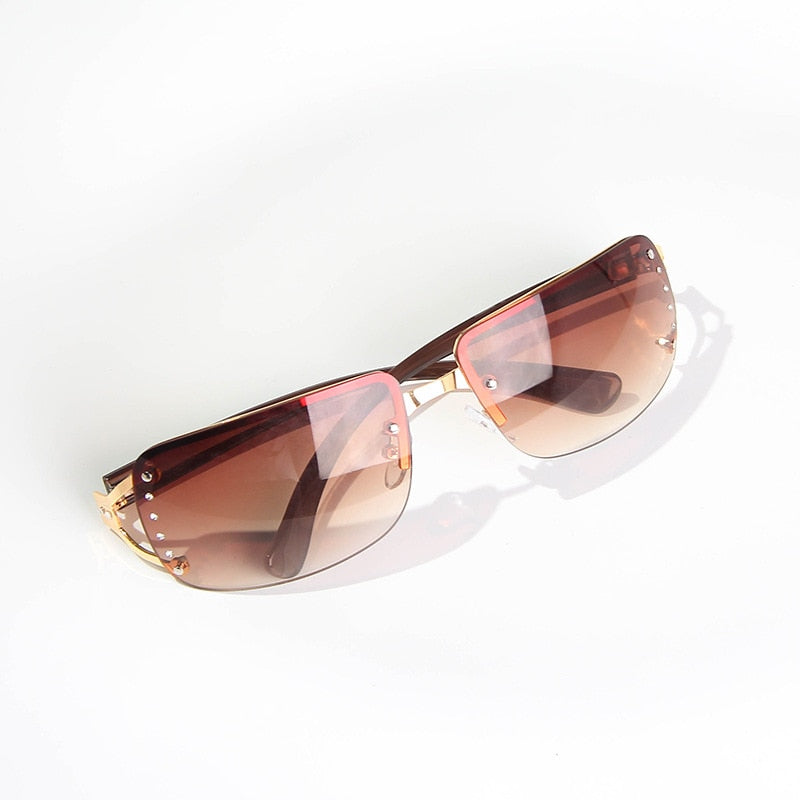 Rimless Rhinestone Sunglasses - Brown / One Size