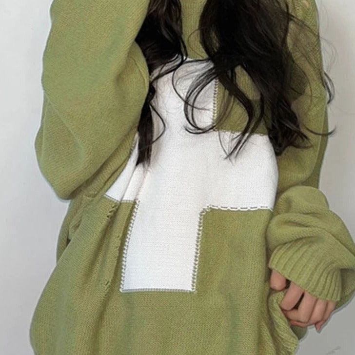 Green Cross Long Sleeve Oversize Knitted Sweater - One Size
