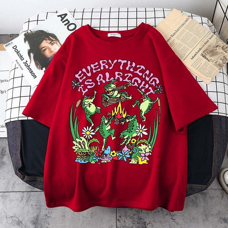 Everything Is Alright Frog Cottagecore T-Shirt - Red / S