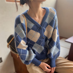 Plaid Argyle Long Sleeve Knitted Cardigan - Blue / One Size