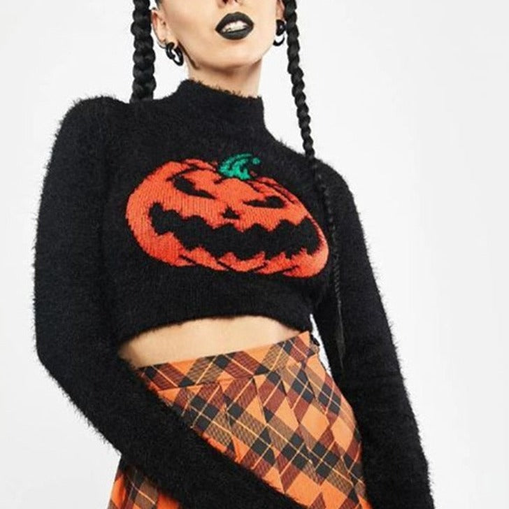Pumpkin Turtleneck Short Sweater - Black / One Size