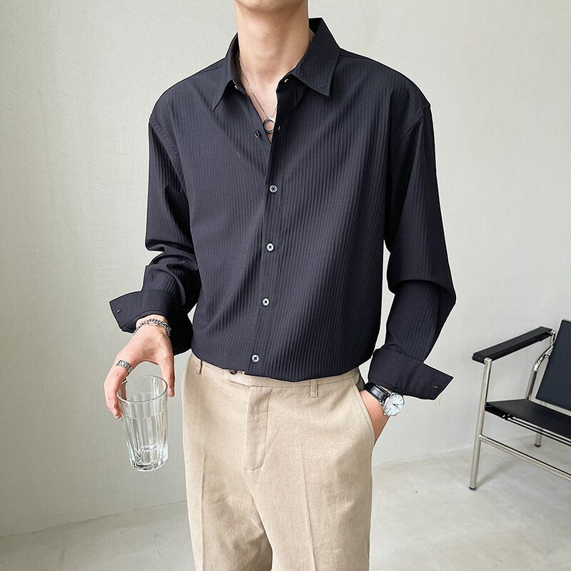 Striped Texture Loose Long Sleeve Shirt - Black / M