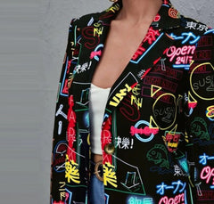 Neon Signs Letters Print Long Sleeves Lapel Suit Blazer