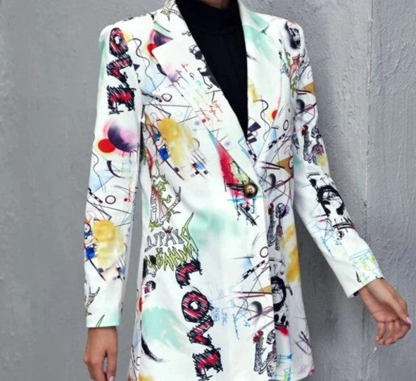 Abstract Art Print Long Sleeves Lapel Suit Blazer