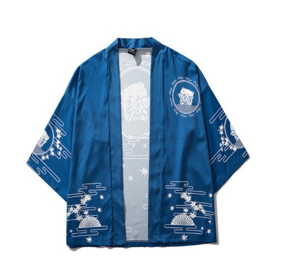 Lucky Cat Blue 3/4 Sleeve Kimono - KIMONO