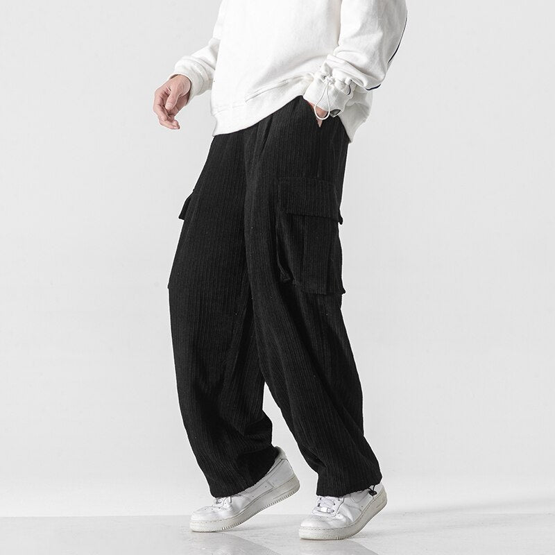 Solid Color Corduroy Oversized Sweatpants - M / black -