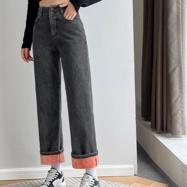 Thick Velvet Jeans Fleece Fashion High Waist Pants - Gray /