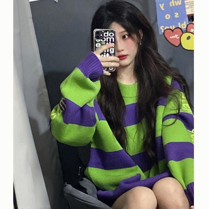 Grunge Oversize Striped Knitted Sweater - Green plush / S
