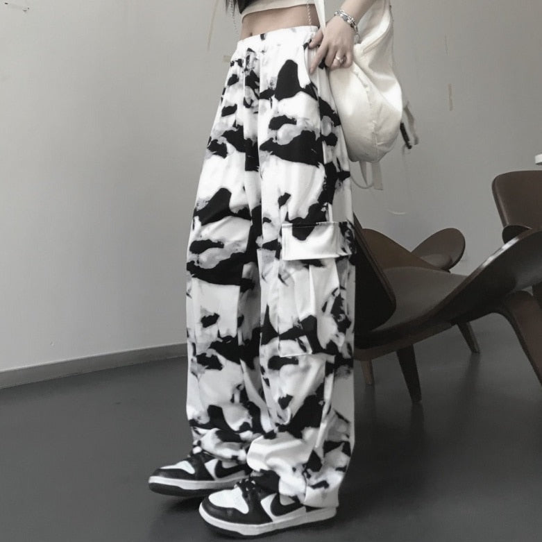 Cargo Tie Dye High Waisted Trousers Pants - White / S