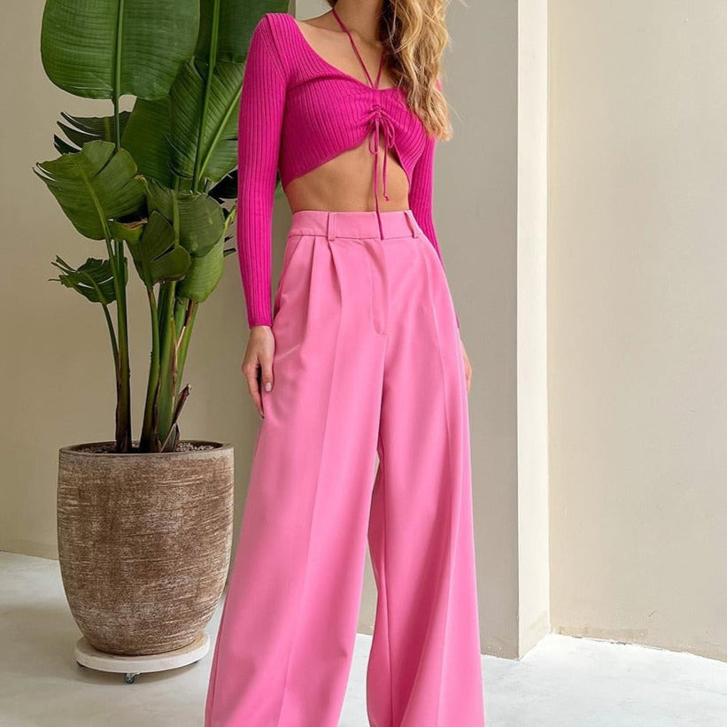Loose Full LengthTrousers High Waist Wide Pants - Pink 1 / S