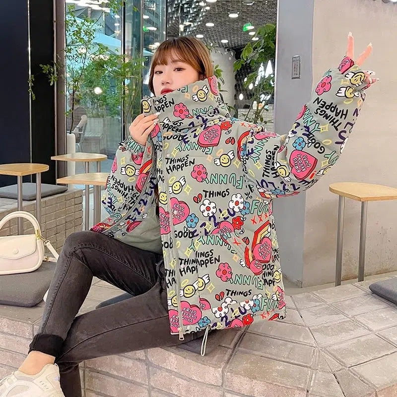 Hearts And Flowers Warm Hooded Oversized Jacket - Green / M