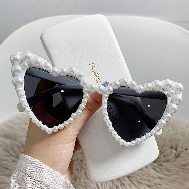 Heart Frame Imitation Pearl Diamond Design Glasses - White /