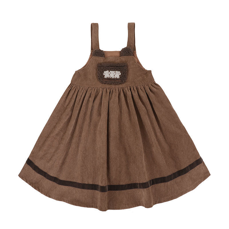 Sweet Bear Embroidery Corduroy Dress - Brown / S