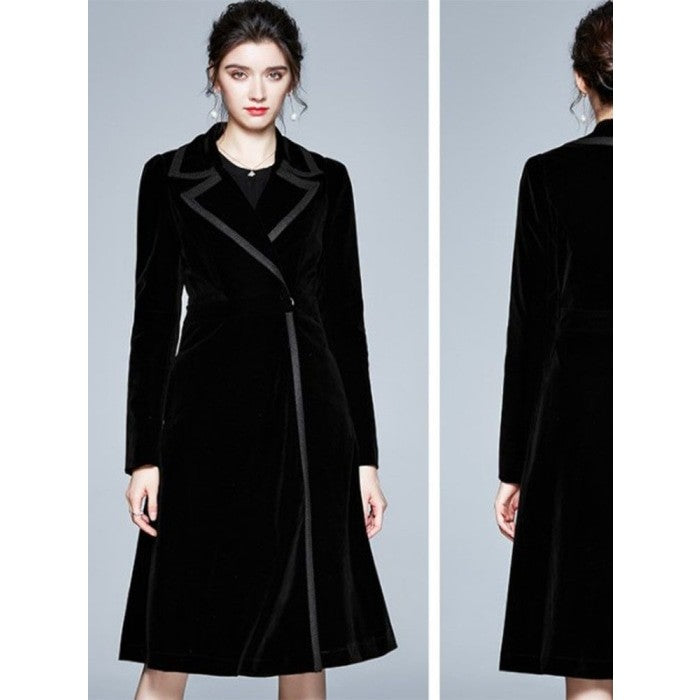 Long Velvet Warm Trench Coat - black short coat / S