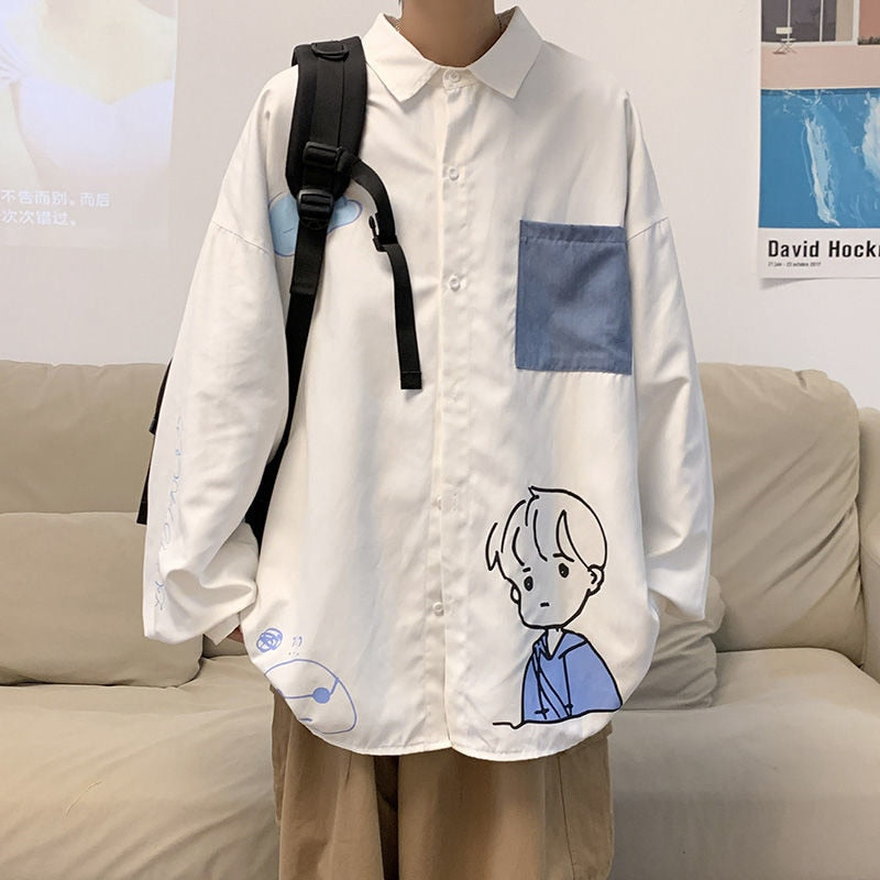 Cartoon Boy Printed Long Sleeve Shirts - White / M
