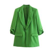 Thumbnail for Open Stitching Roll Up Three Quarter Sleeve Blazer - Green /