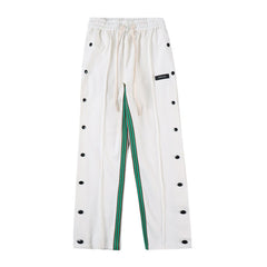 Striped Side Button Patchwork Sweat Pants - M / White