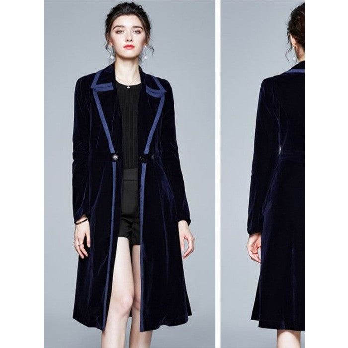 Long Velvet Warm Trench Coat - blue short coat / S