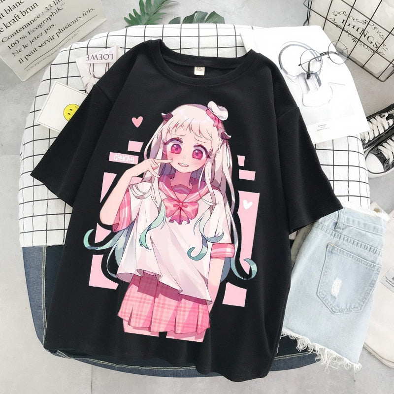 Gothic Loose Kawaii Anime Doll T-shirts - Black / XS