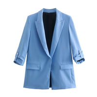 Thumbnail for Open Stitching Roll Up Three Quarter Sleeve Blazer - Blue /