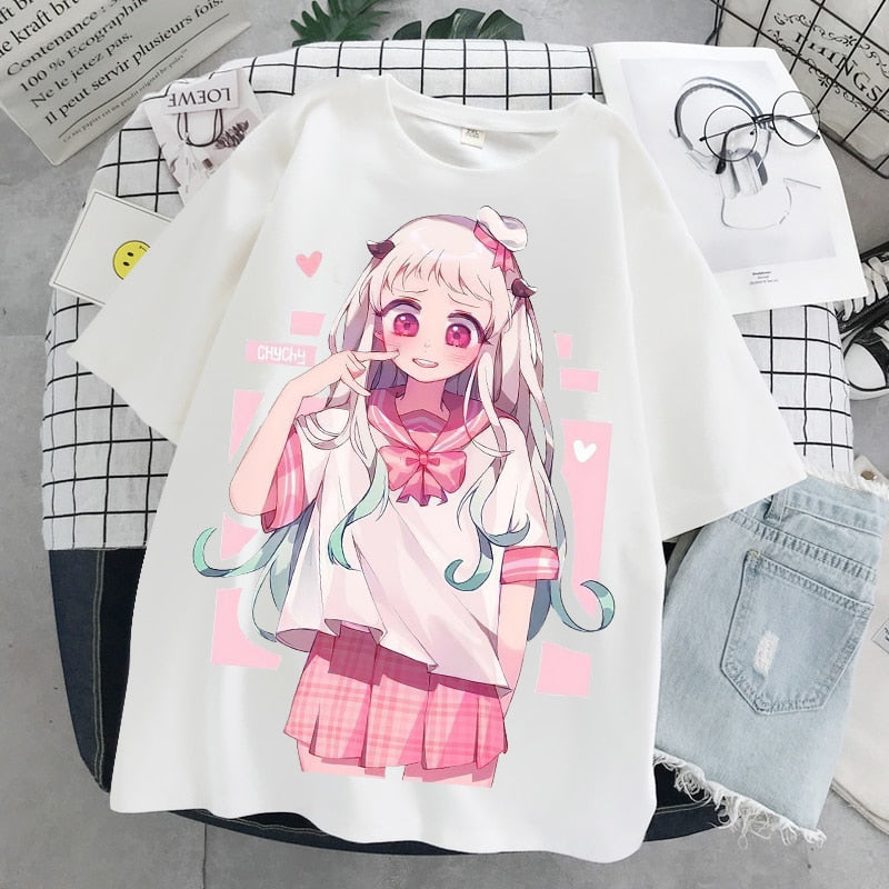 Gothic Loose Kawaii Anime Doll T-shirts - White / XS