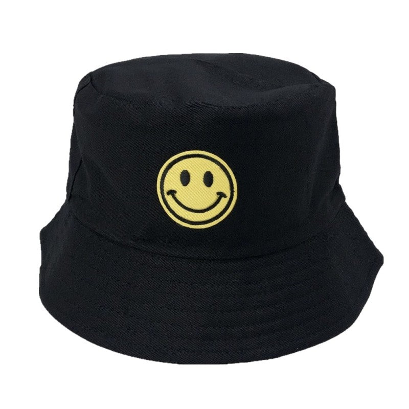 Funny Embroidered Foldable Bucket Hat - Black/Yellow Smile /