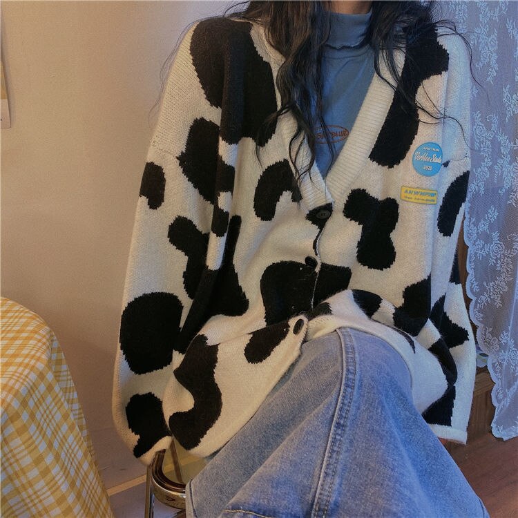 Cow Buttons Up Oversize Knitted Cardigan - Black / S