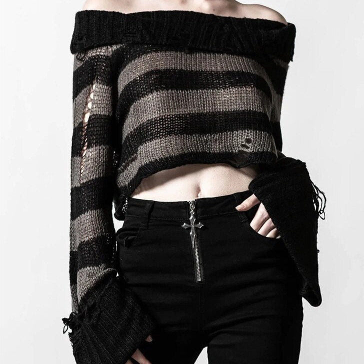 Gothic One Shoulder Stripe Short Sweater - Dark Grey / Size