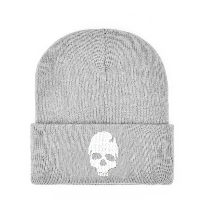 Skull Embroidered Knitted Beanie - Grey hat white logo / One