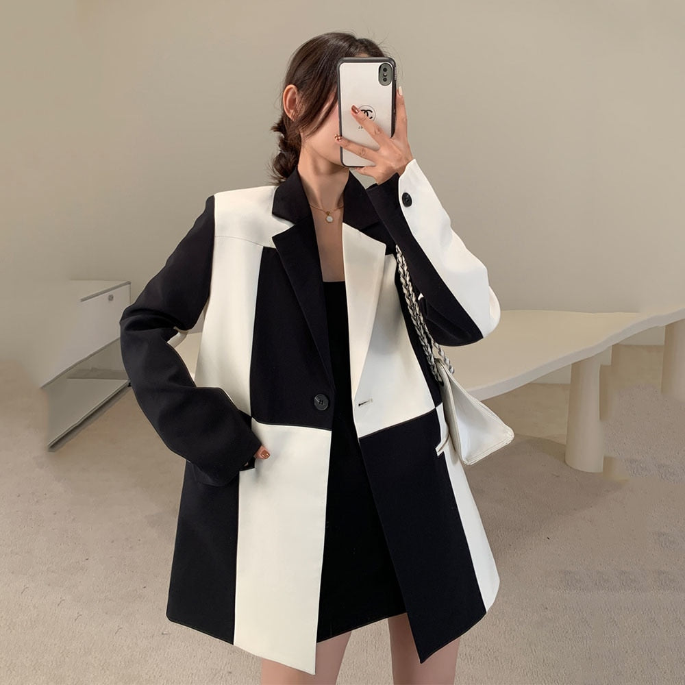 Black And White Long Sleeve Asymmetrical Blazer