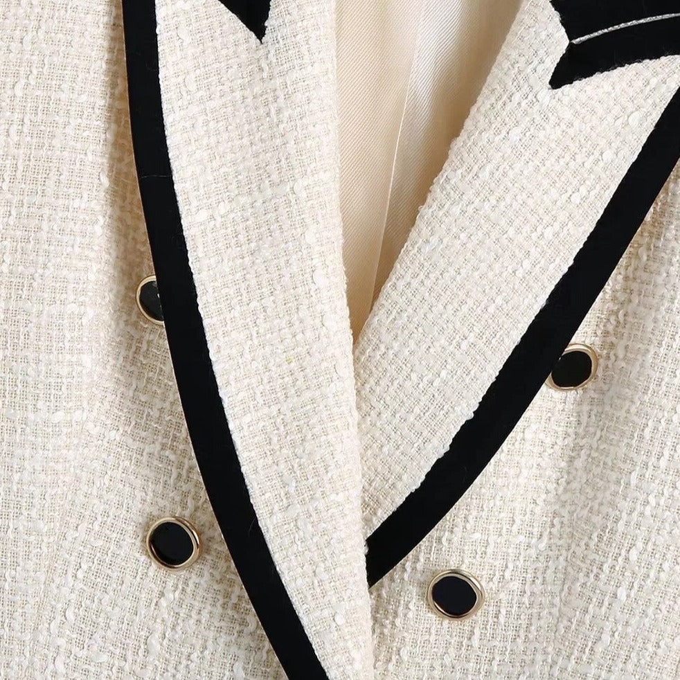 White Black Tweed Double Breasted Long Sleeve Blazer