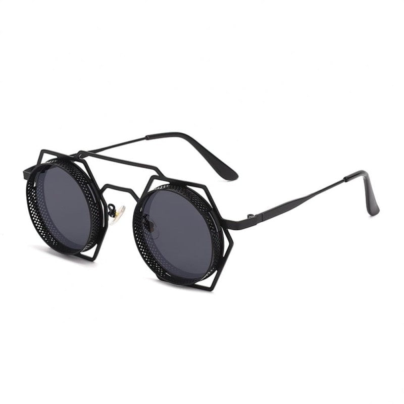 Round Sunglasses With Polygonal Base - Black-Black / One