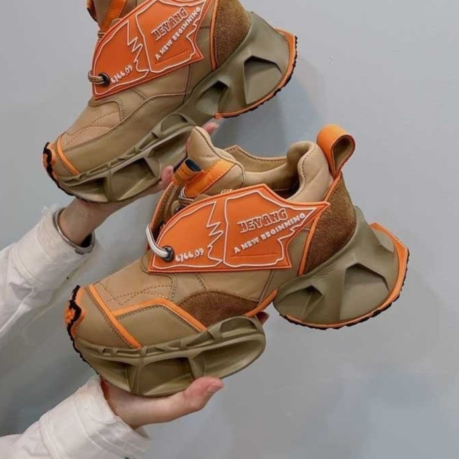 Platform Belt Buckle Sneakers - Orange / 35