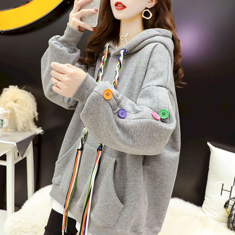 Oversized Embellished With Colorful Buttons Hoodies - Gray /